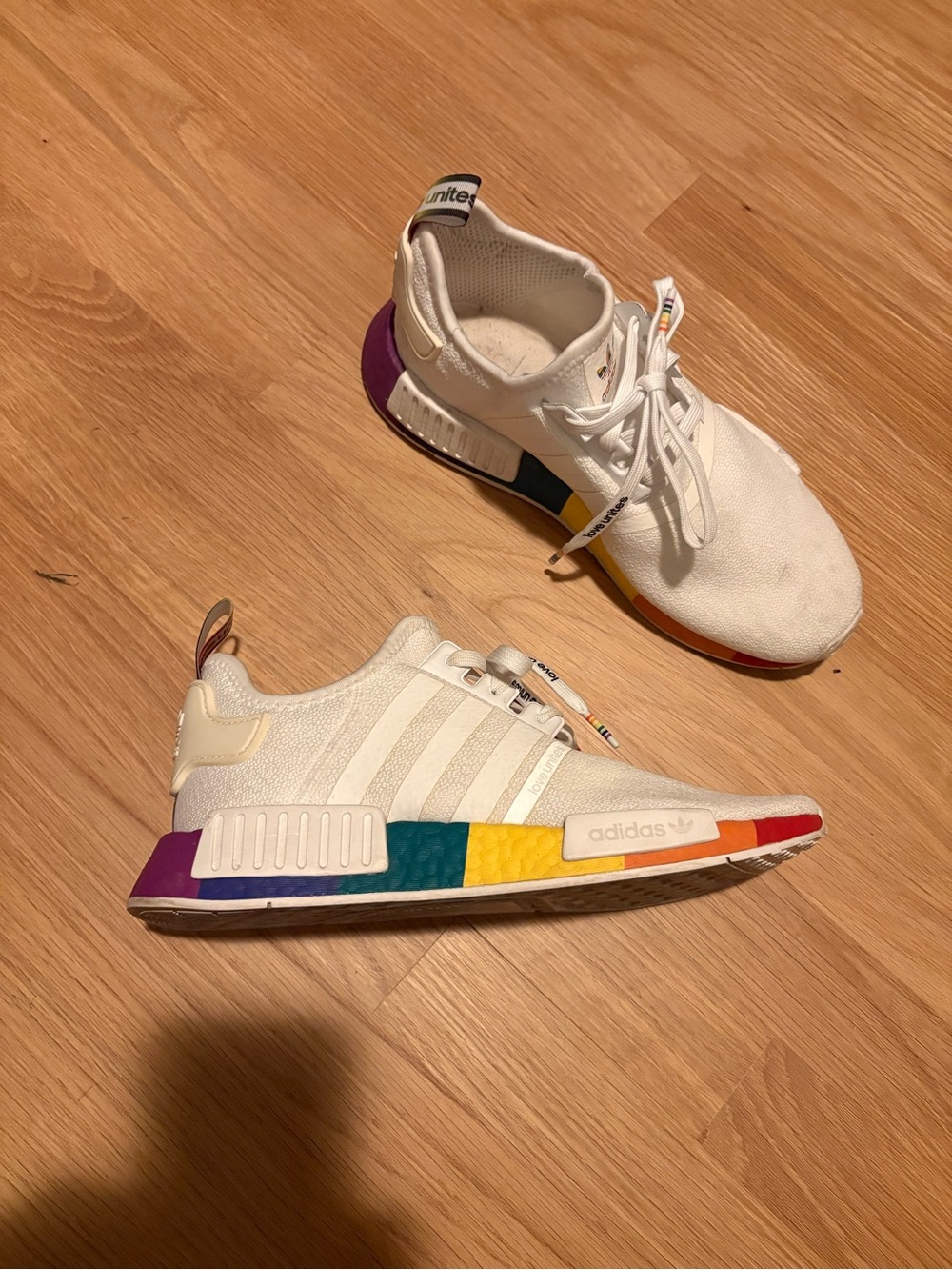 adidas White NMD R1 Sneakers with Rainbow Midsole Accents